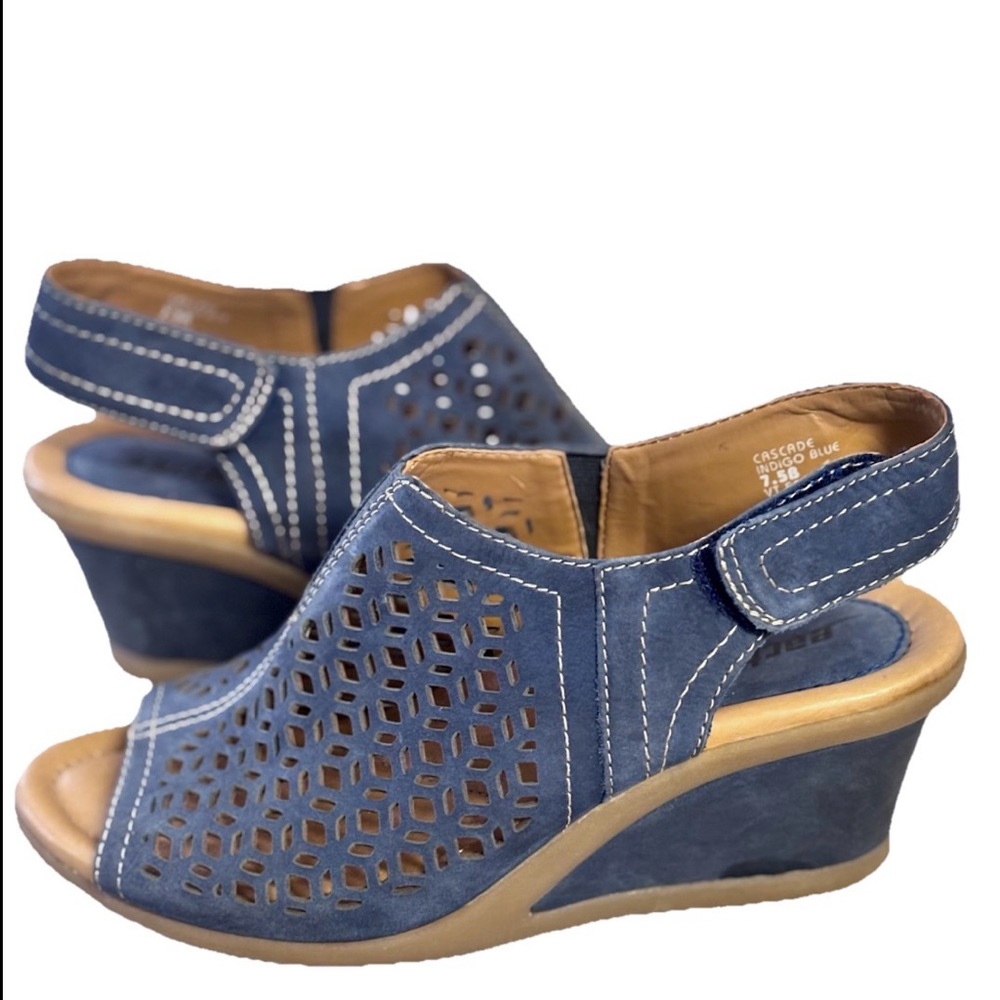 Women's Blue Perforated Wedge Sandals - Casual Slingback